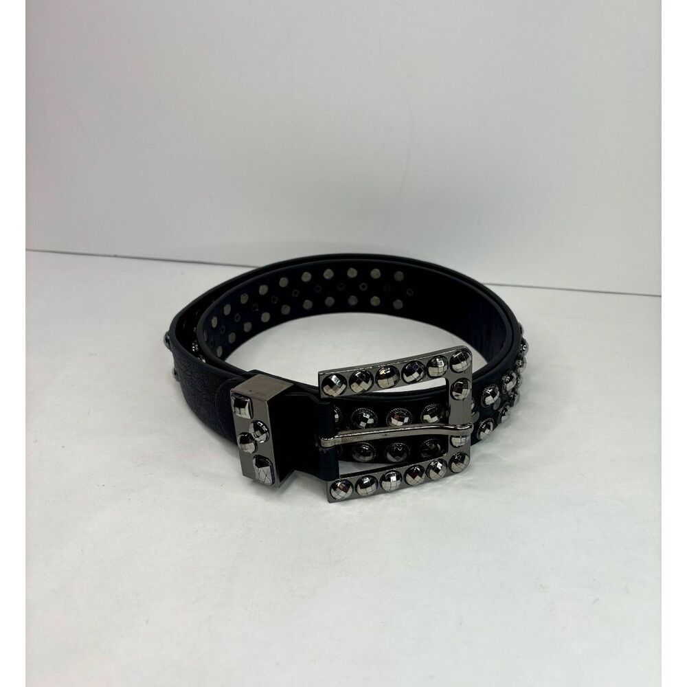 Faux Black Leather Belt Metal Silver Studded Beads Buckle Chic Women